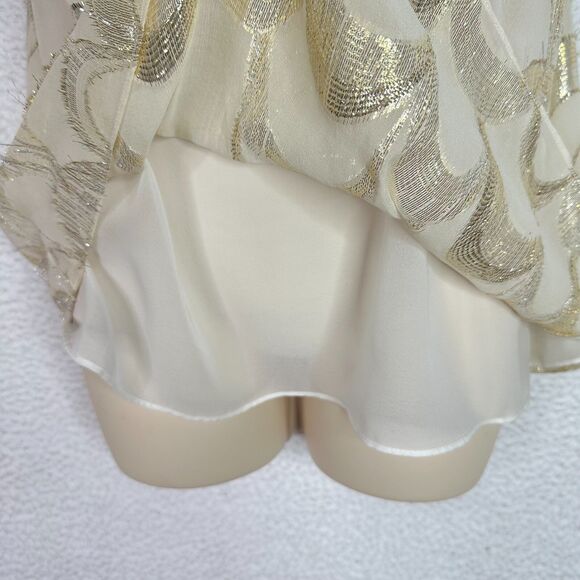 White House Black Market Silk Tank Top Sz L Gold Metallic Scallop Pattern Blouse - Picture 5 of 13